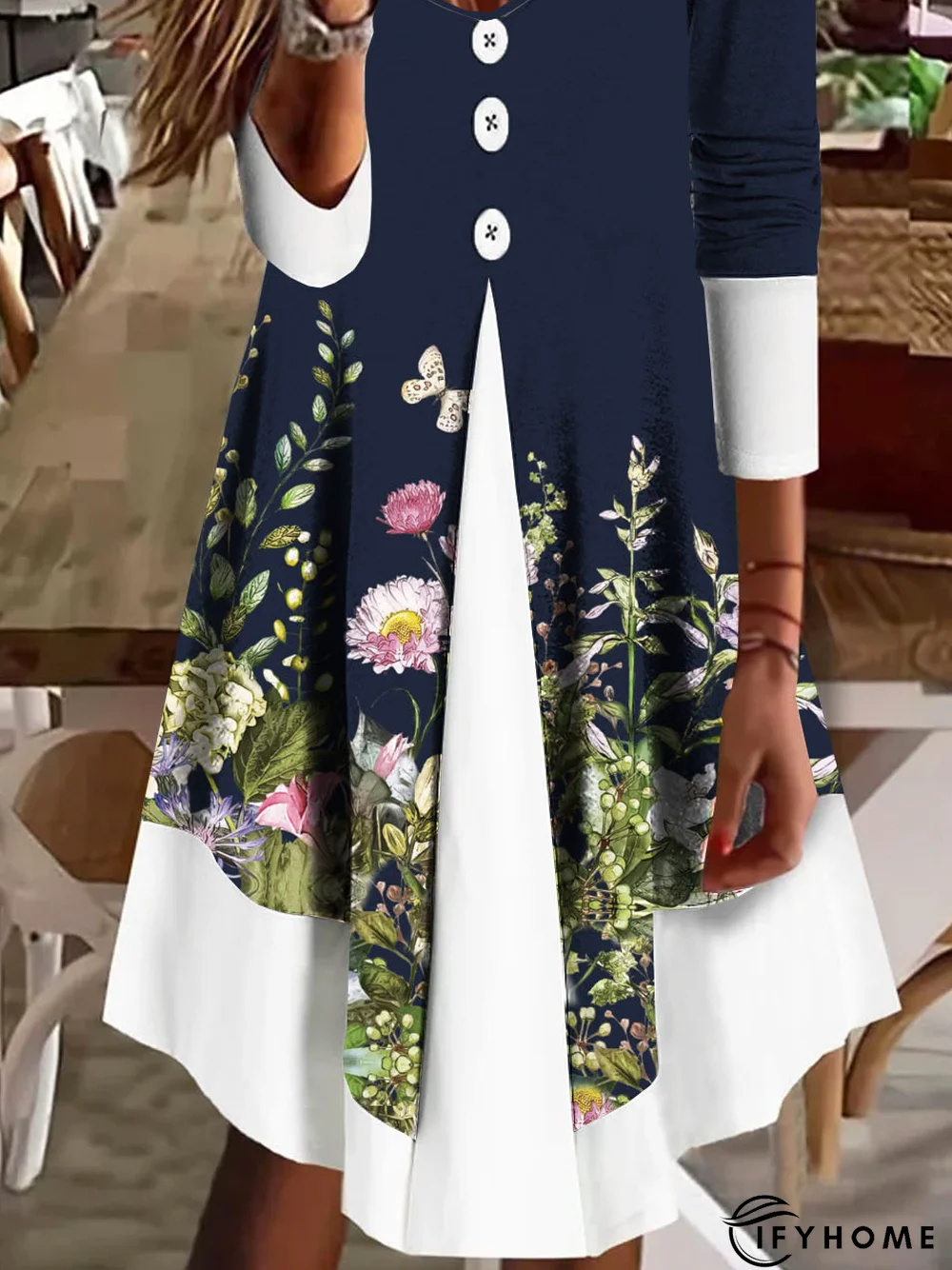 Blue Floral Casual Fluff/Granular Fleece Fabric Buckle Dress | IFYHOME