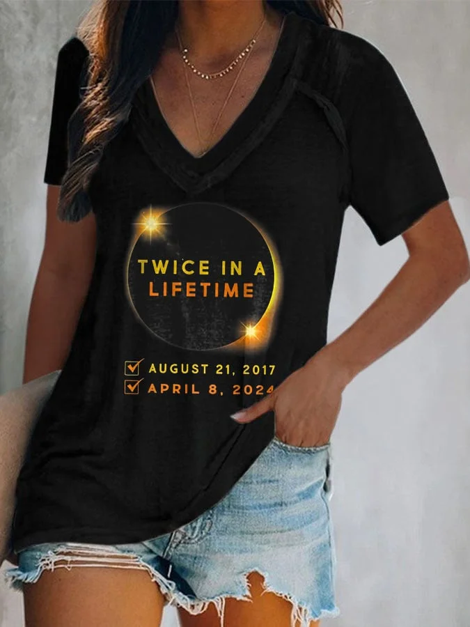 V Neck Twice In A Lifetime Solar Eclipse Of April 8, 2024 Print T-Shirt socialshop