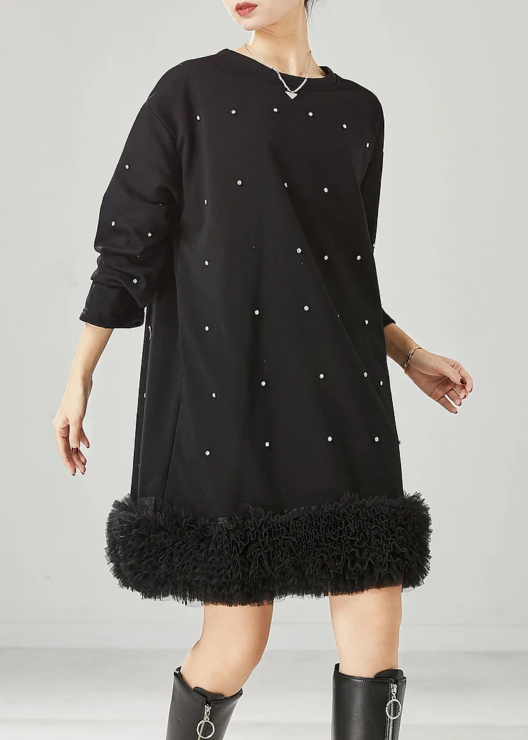 DIY Black Oversized Patchwork Ruffled Cotton Sweatshirt Dress Spring