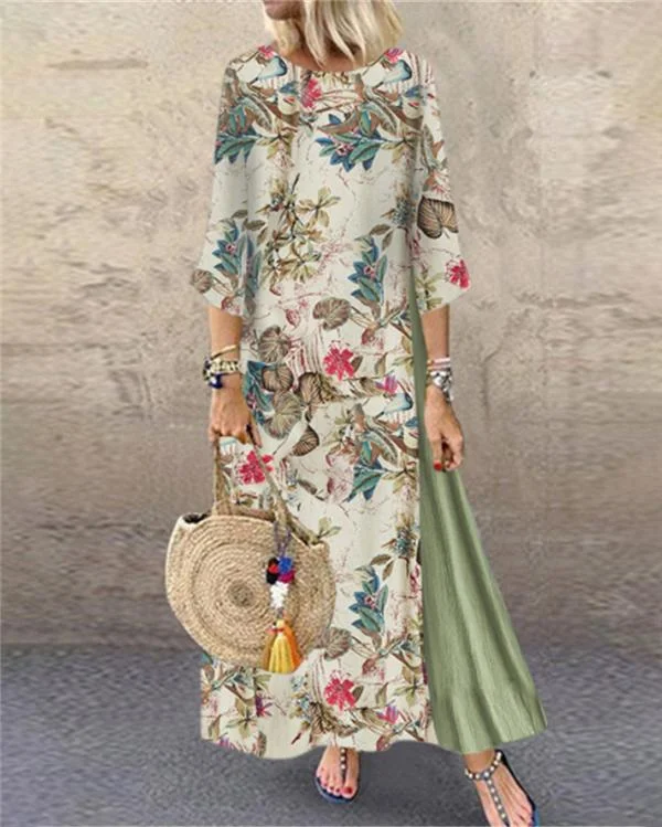Patched Fashion Linen 3/4 Sleeve  Holiday Dresses Shift Daytime Maxi Dresses