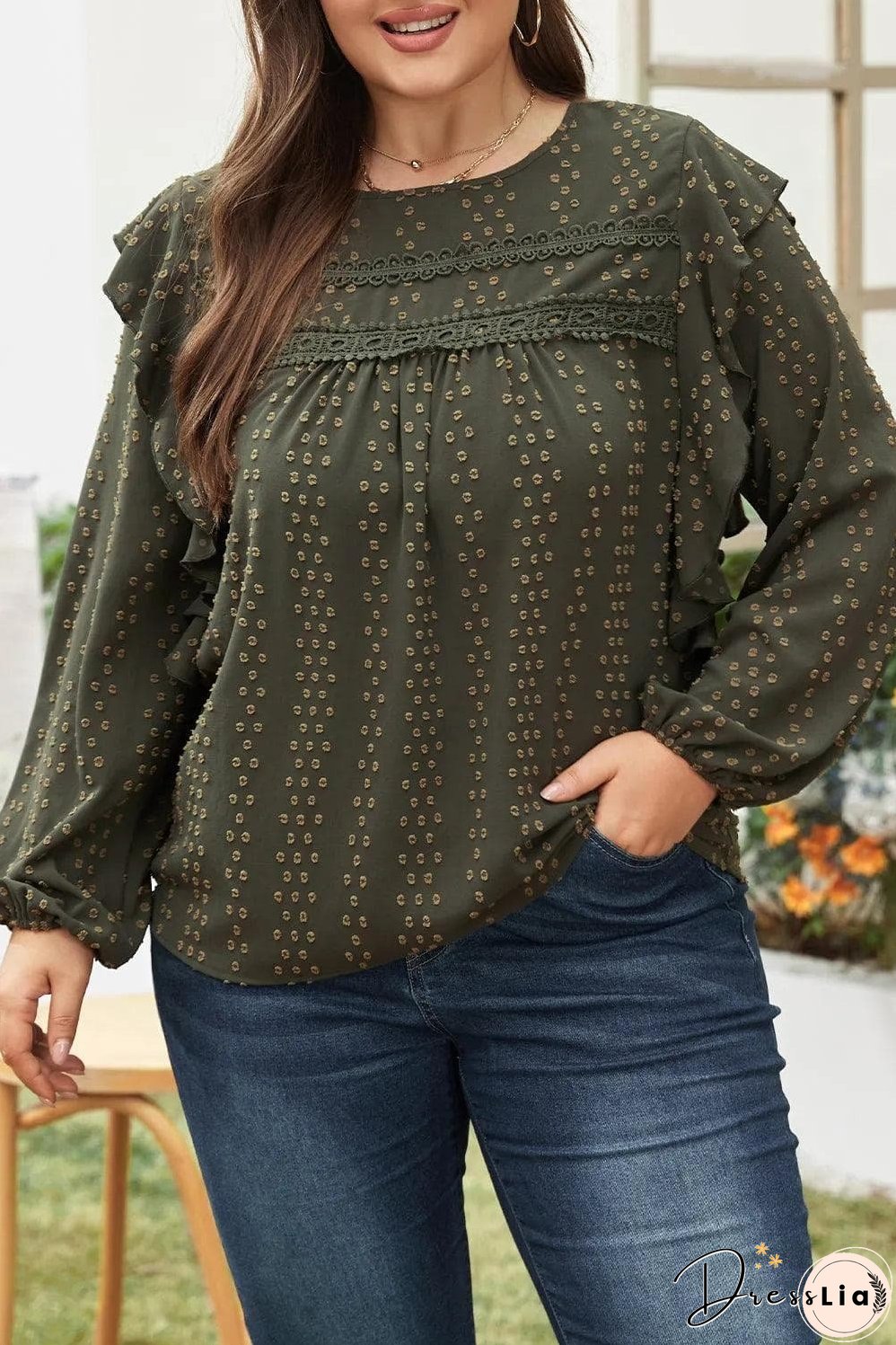 Mist Green Plus Lace Swiss Dot Ruffle Long Sleeve Top