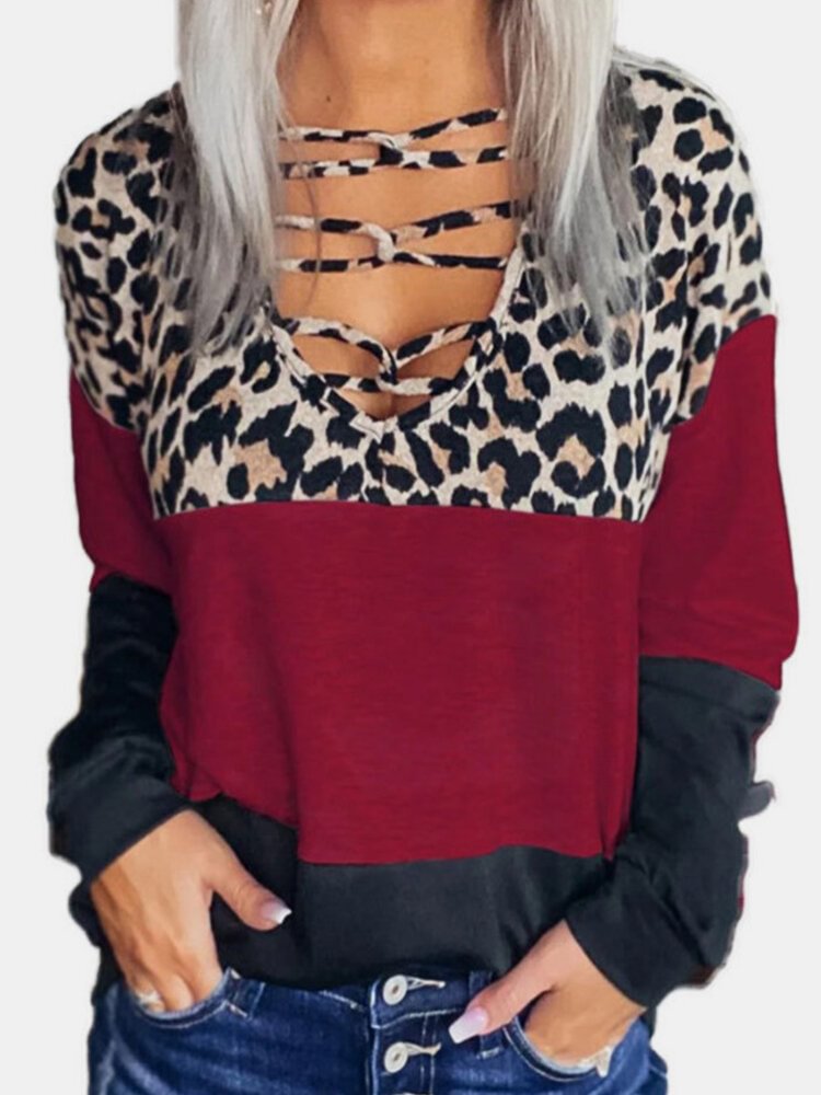 Leopard Print Hollow Patchwork Long Sleeve Casual Blouse for Women P1798877
