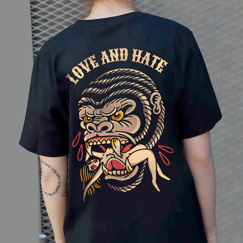 Love And Hate Gorilla And Naked Girl Print Loose T-shirt - Krazyskull