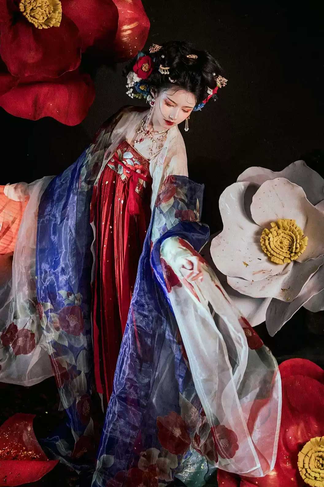 Tang Dynasty Red Hanfu Dress One Piece with Camellia Flower Embroidery- xiaqi 霞绮 Stupa Stones