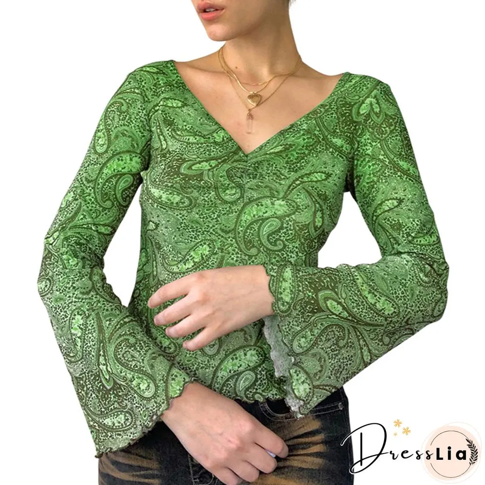Print Top Retro Y2k Grunge Fairycore Neck Shirt Flared Long Sleeve Pullovers Women Autumn