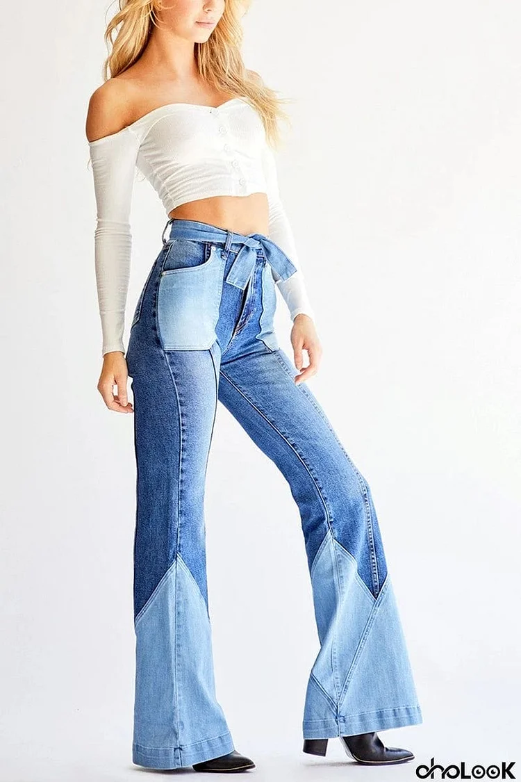 70S Color Block Belted Bell Jeans