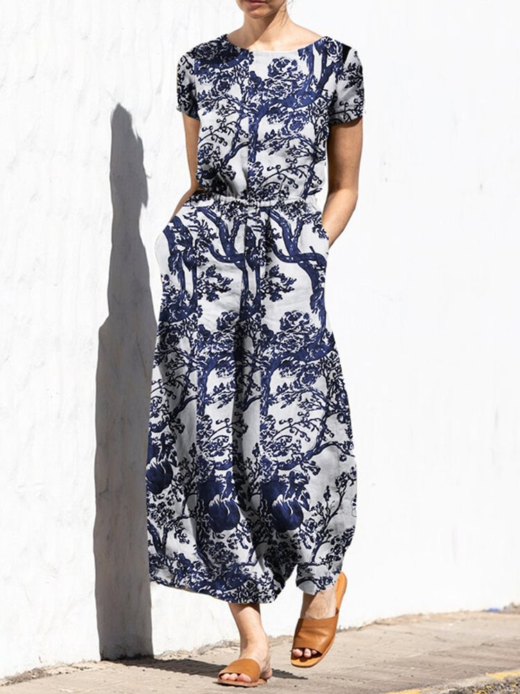 Plant Print Elastic Waist Pocket Short Sleeve Casual Cotton Jumpsuit - Shop Trendy Women's Fashion | TeeYours