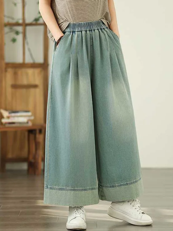 Pockets Pleated Elasticity Wide Leg Loose Trousers Jean Pants Bottoms