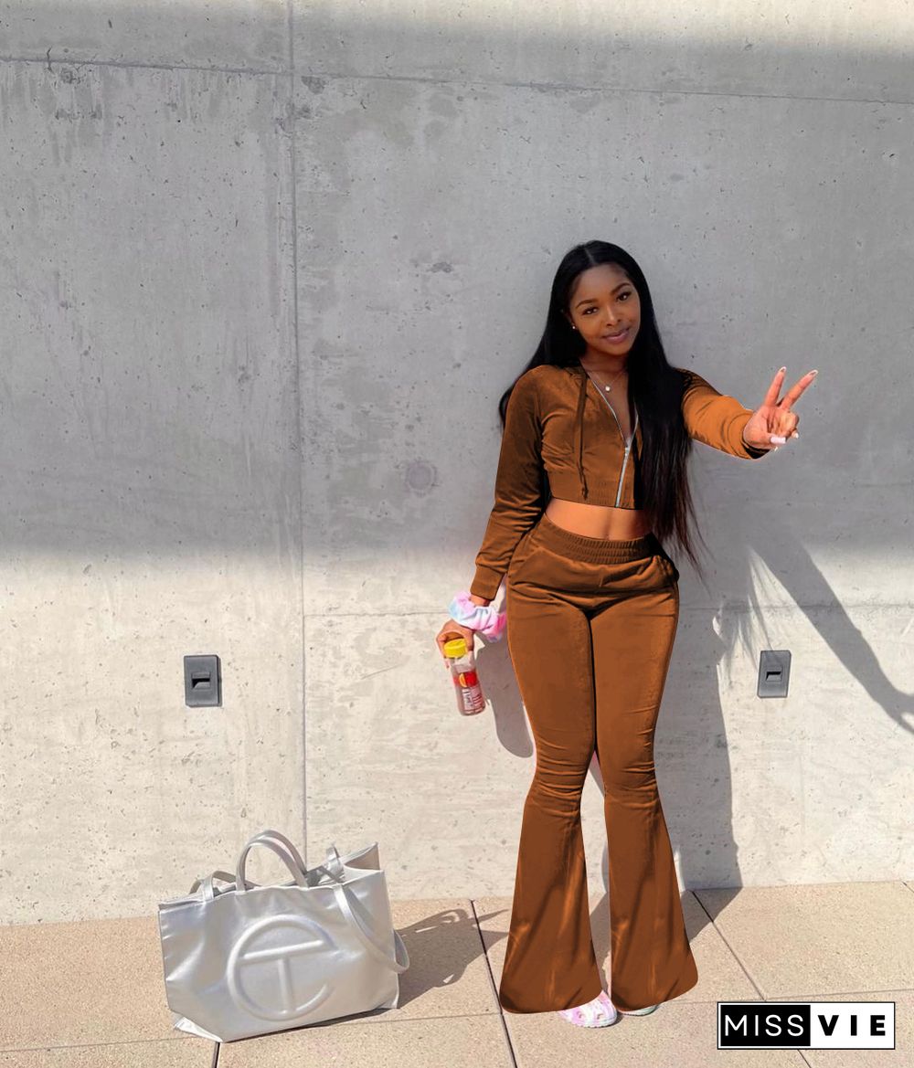 Velvet Solid Zipper Hooded Crop Tops Flare Pants Set