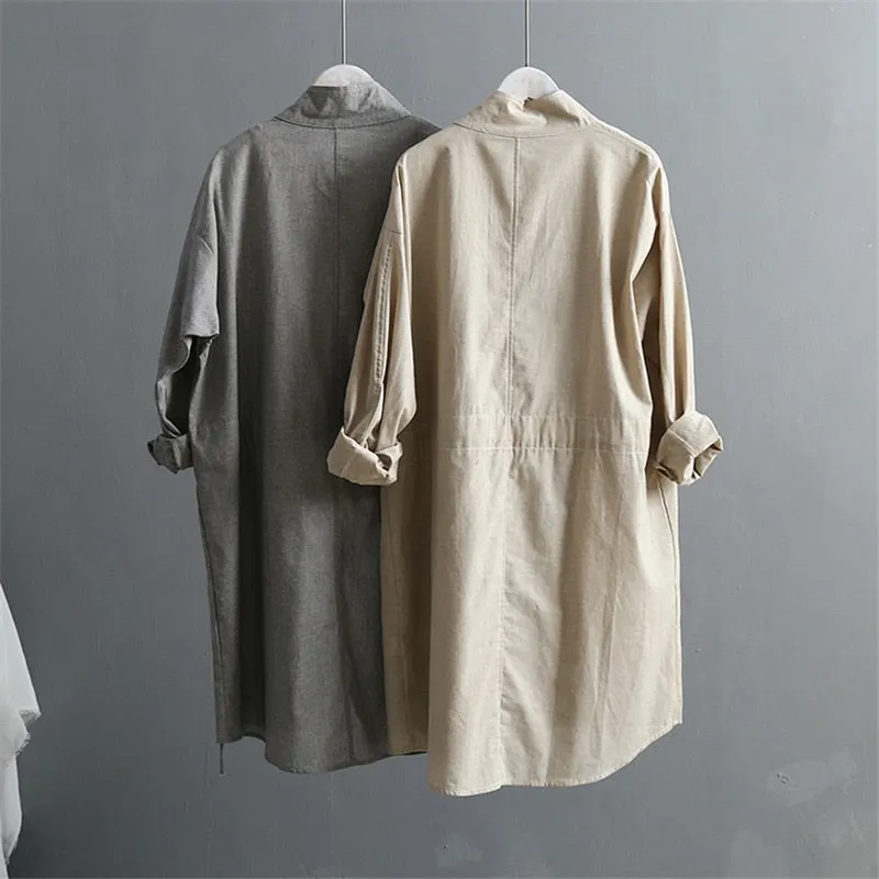 Summer Cotton Linen Women's Trench Coat 2021 New Korean Version Long Sleeved Large Plus Size Loose Women Trenchs Coats