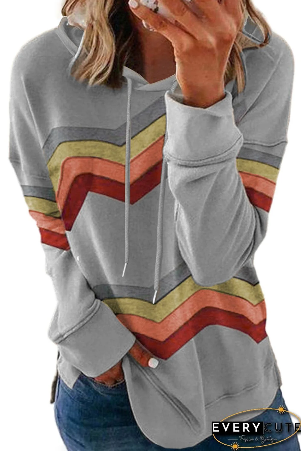 Gray Geometry Color Block Stripe Drawstring Hoodie