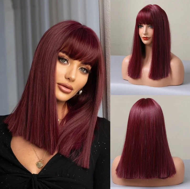 Jewtribute Hair®|Straight Hair Synthetic Wig with Bangs Burgundy Wig