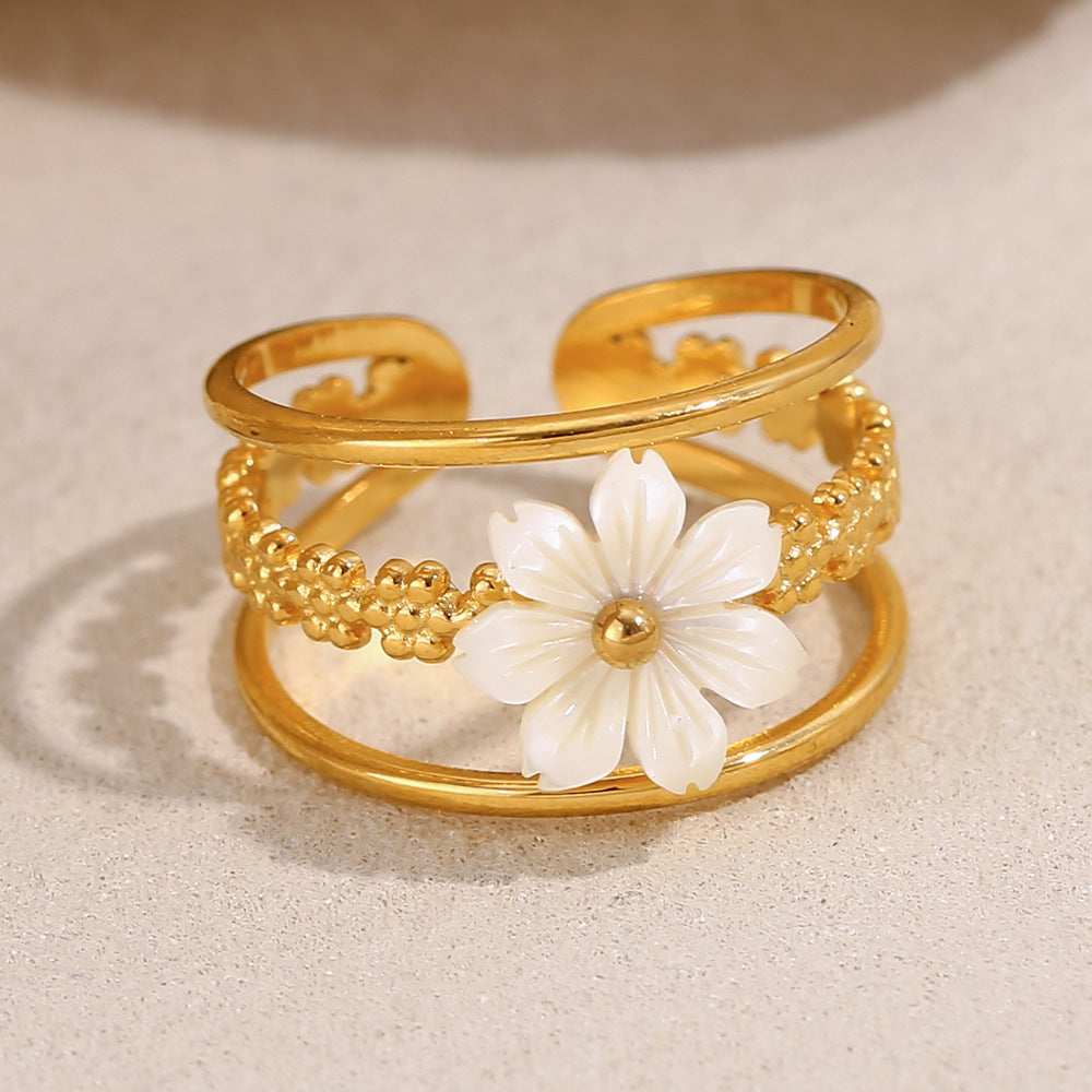Fashion Retro French Style Personalized Hand Jewelry Stainless Steel Plated 18K Gold Shell Flower Open Ring Female