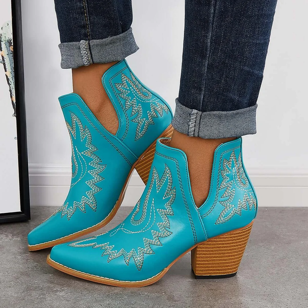 Western Ankle Cowgirl Boots Slip on Cutout Chunky Heel Booties