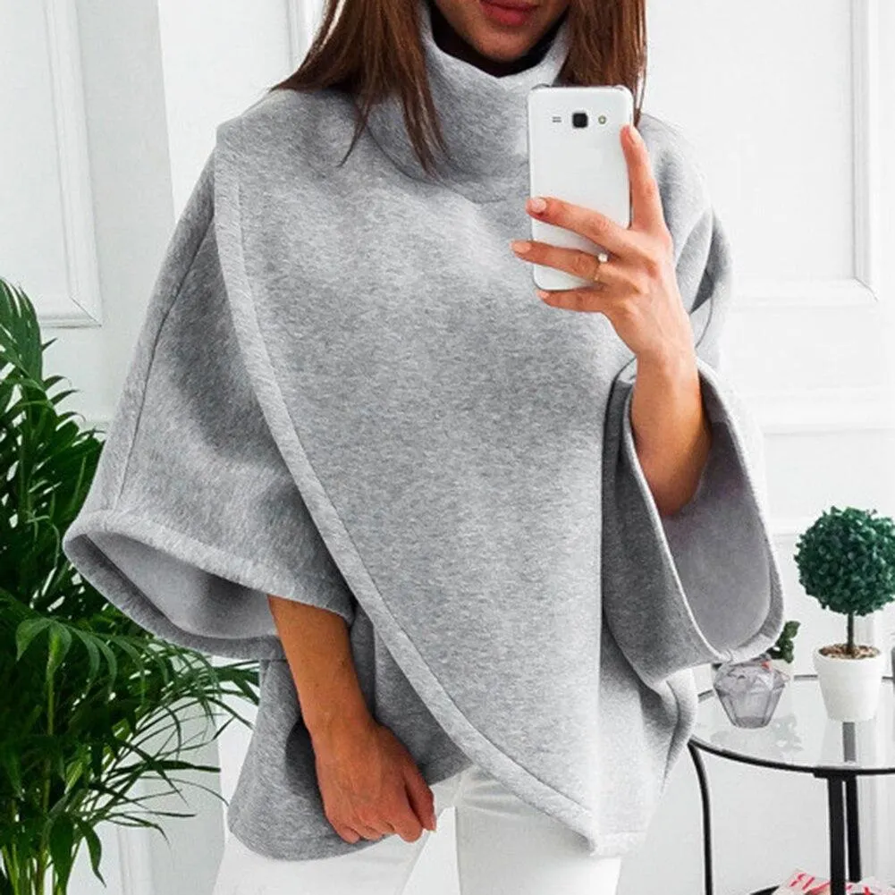 High Quality Women Dolman Sleeve Turtleneck Solid Color Cloak Irregular Pullover Blouse Top Polyester&nbsp; Spandex Women's Blouse