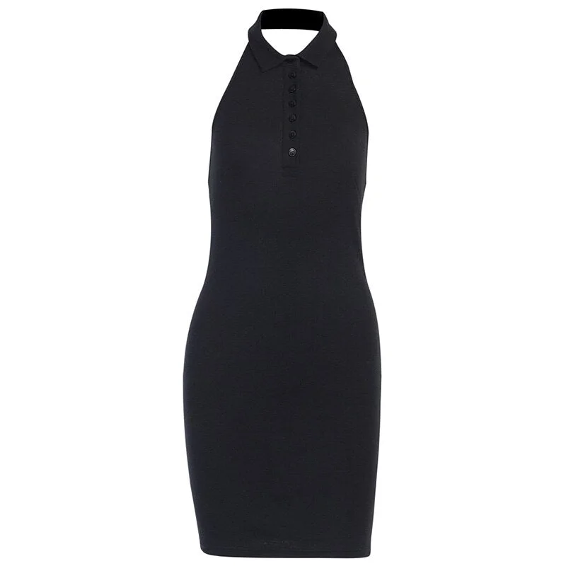 InstaHot Black Sexy Dress Sleeveless Turn Down Collar Slim Elegant Mini Button Dress Ladies Summer Casual Streetwear Dresses