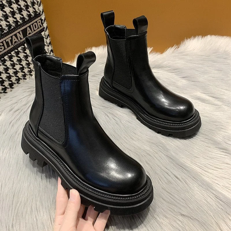 Thick Boots Women 2021 Spring Winter Chelsea Ankle Booties Female Platform Martin Boots Flat Shoes Ladies Leather Fashion Shoes