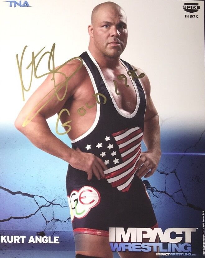 KURT ANGLE Signed 8x10 Photo Poster painting TNA WWE Hof Olympics 96 Inscription Rare