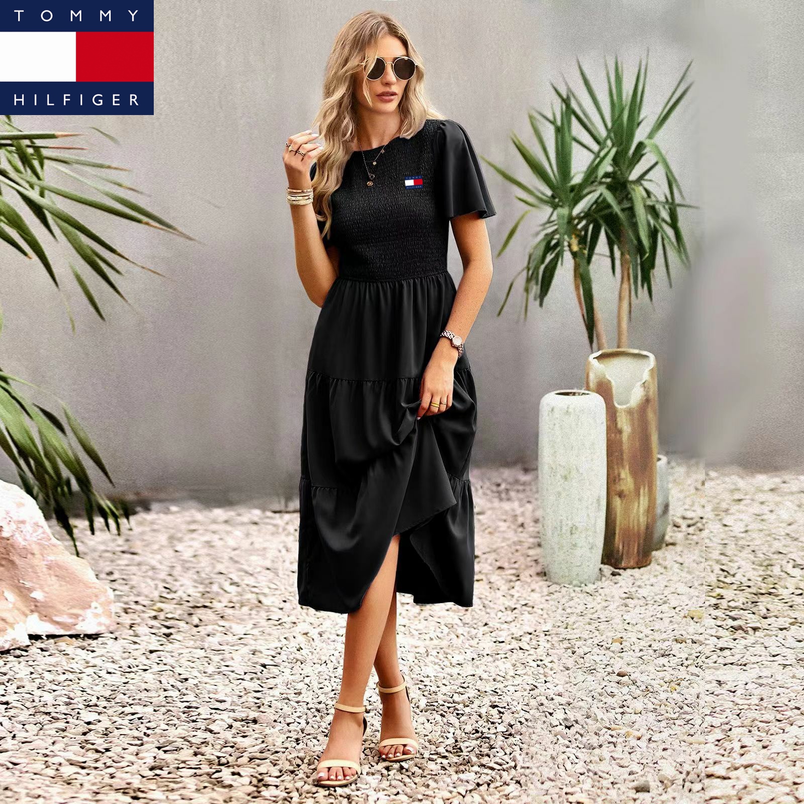 Vestido Tommy Hilfiger primavera/verão com decote redondo e cintura subida