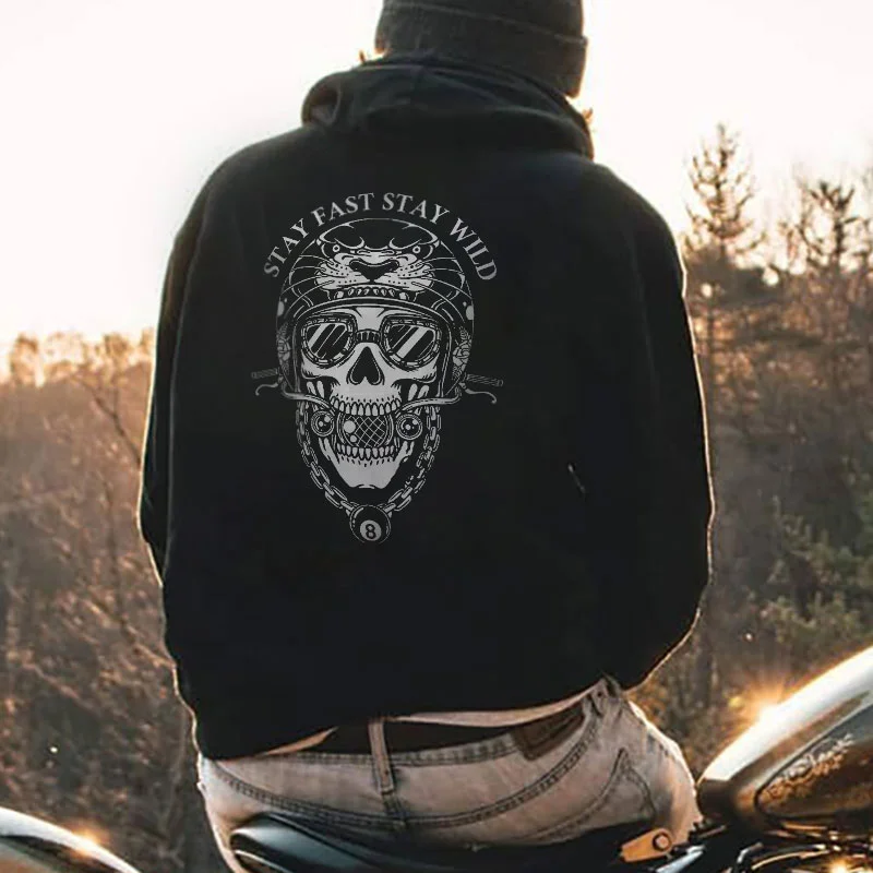 STAY FAST STAY WILD Skull with Helmet Graphic Casual Black Print Hoodie