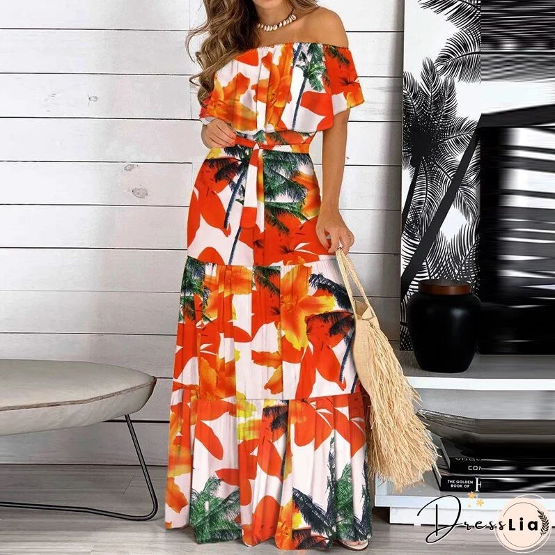 Joskaa Elegant Floral Print Lady Maxi Party Dress Women Sexy Off Shoulder Ruffle Boho Beach Dress Summer Casual Short Sleeve Long Dress