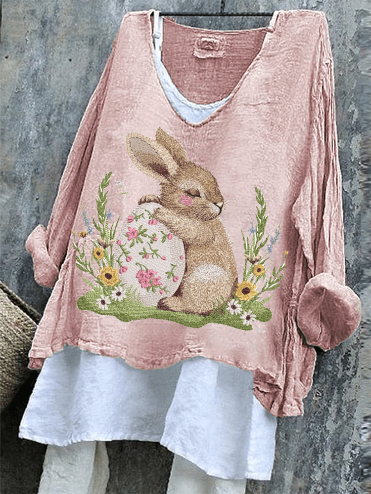 Comstylish Women's Cute Rabbit Embroidery Pattern Comfortable Linen Shirt
