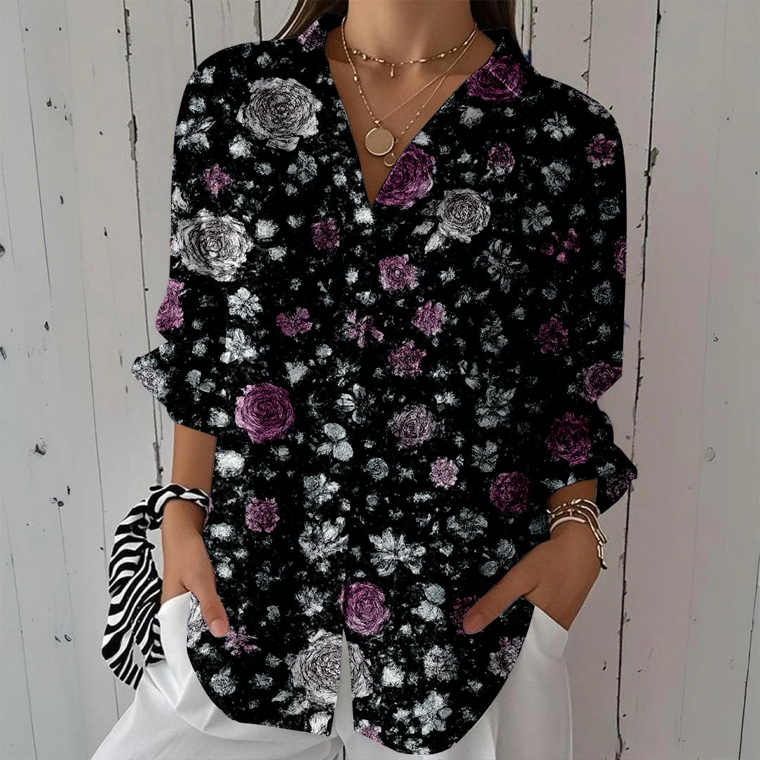 Style & Comfort for Mature Women Women Floral,Purple DZCL0031 3/4 Sleeve Shirt Collar Printed Button Tops