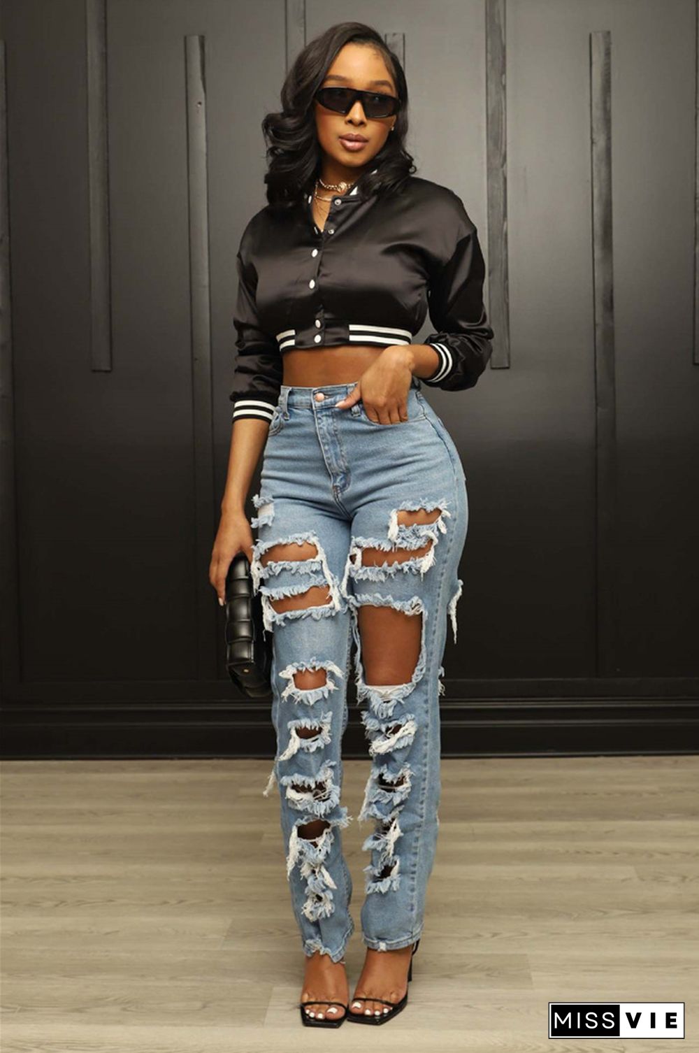 High Waist Streetwear Ripped Hole Jeans Pants