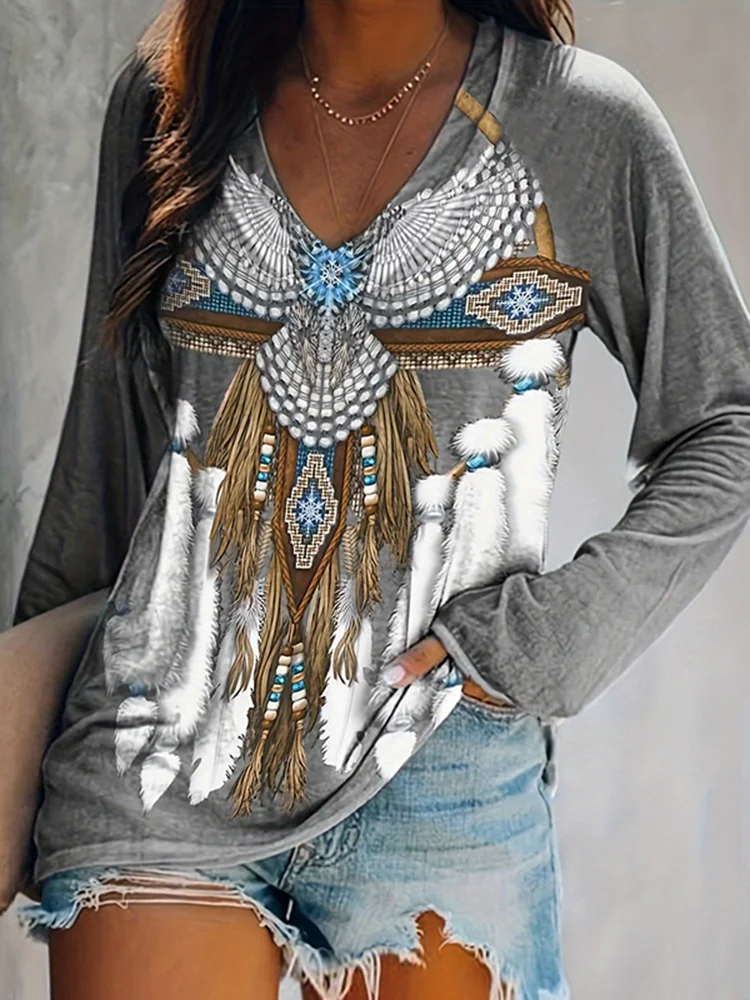 Western Print V-Neck Long Sleeved Casual T-Shirt