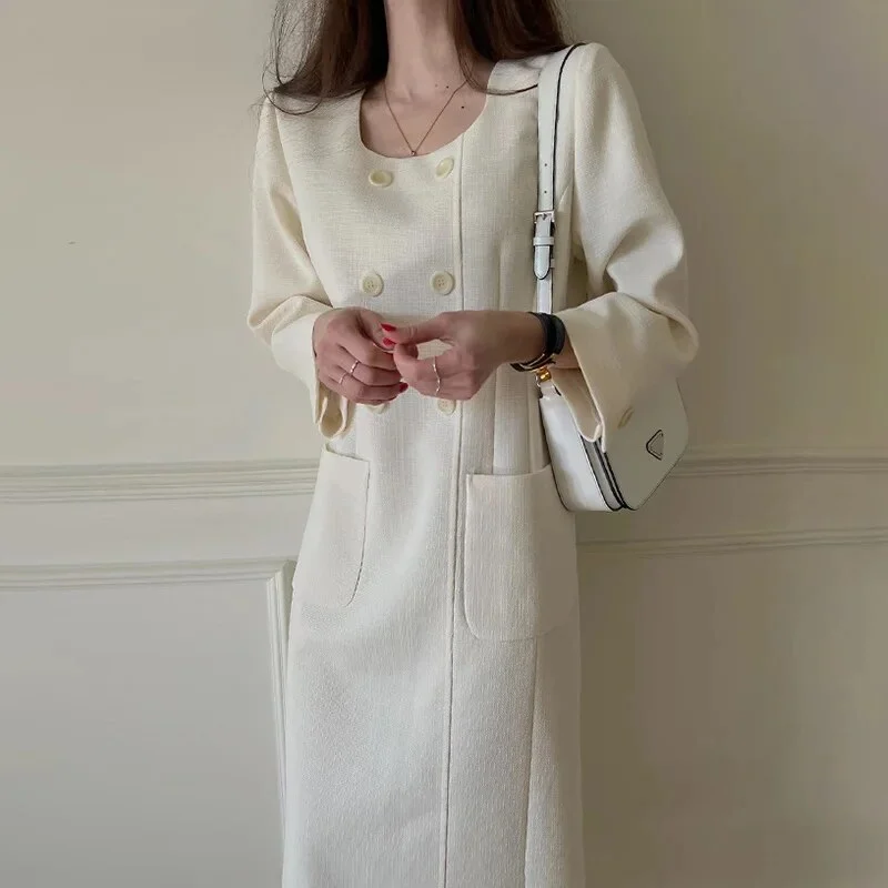 Sdrawing [EWQ]Women Korean Double Breasted Pocket Dress Square Collar Long Elegant Female Long Sleeve Dresses 2023 Spring Autumn New Robe