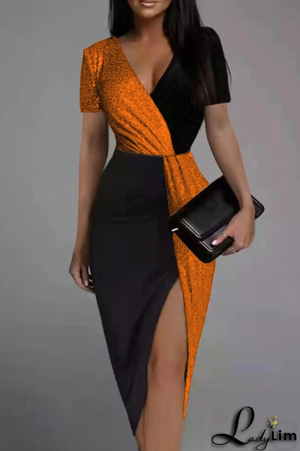 Orange Fashion Sexy Patchwork Slit V Neck Short Sleeve Dress