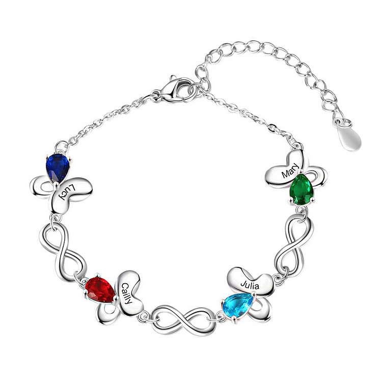 Pulsera de mariposa personalizado con 4 nombres y 4 piedras de nacimiento