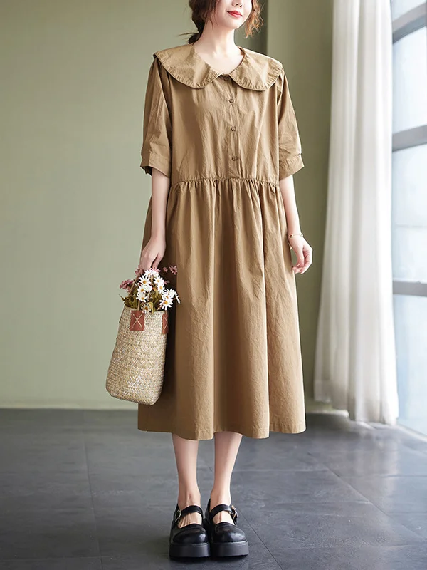 Original Loose Solid Color Buttoned Pleated Midi Dress