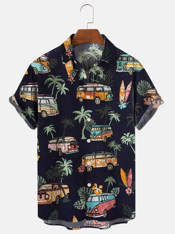 Black Printed Mens Hawaiian Shirt Casual Short Sleeve Beach Shirts Palm Tree Shirts