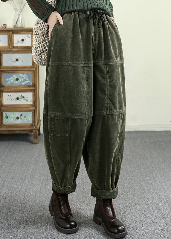 Casual Green Pockets Elastic Waist Corduroy Warm Fleece Pants Winter