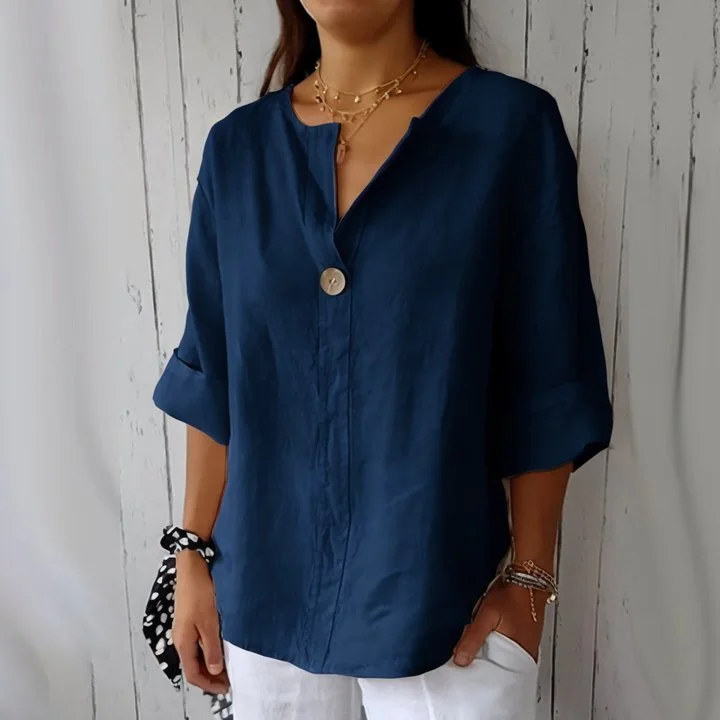 Nigikala Nigikala Summer New Loose T-Shirt Lady V-Neck Cotton Button Top