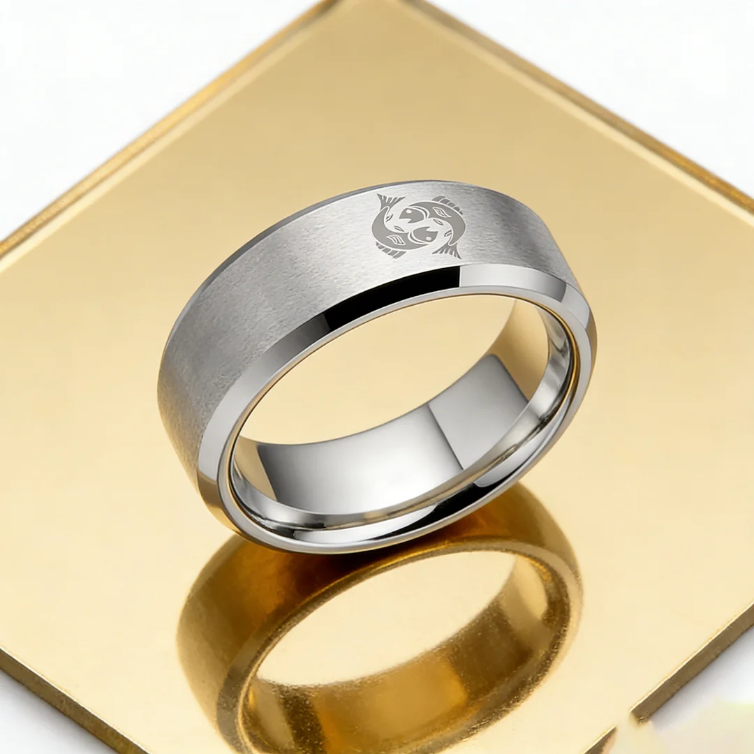 Sliver Edges and Laser Etched Wedding Band Comfort Fit Mens Womens Sliver Pisces Tungsten Carbide Rings 4MM 6MM 8MM