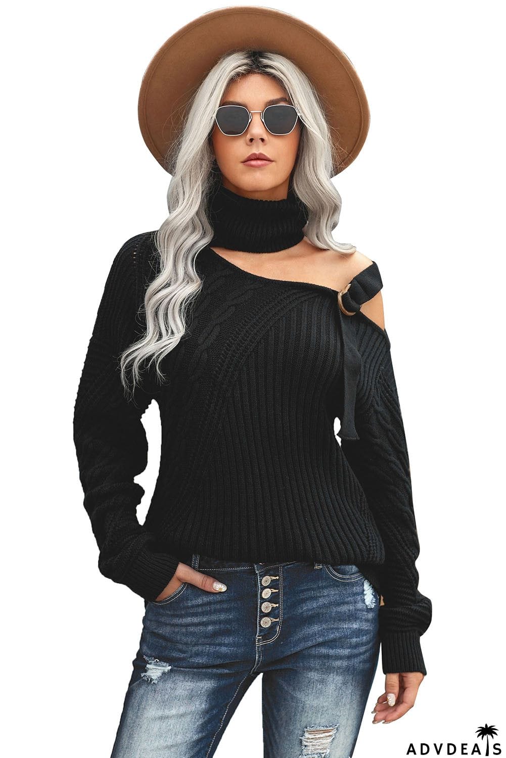 Strapped Cut out Shoulder Turtleneck Sweater
