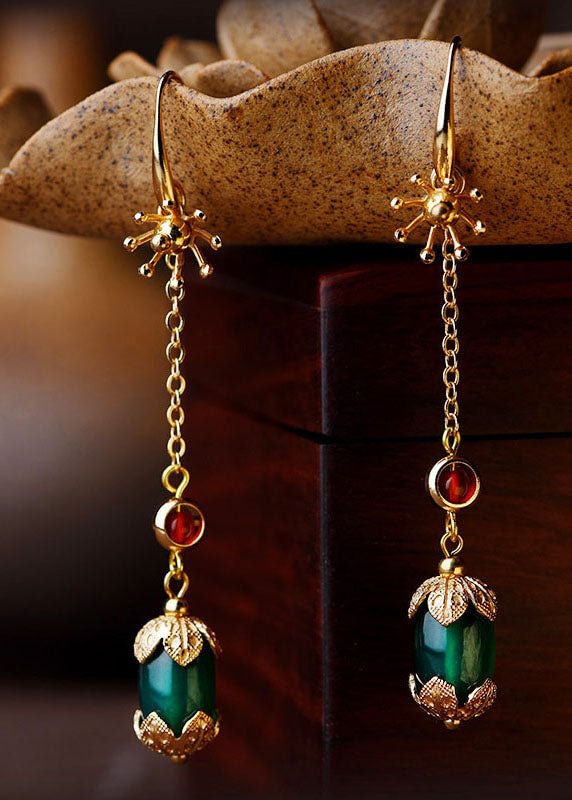 Handmade Green Agate 14K Gold Retro Drop Earrings