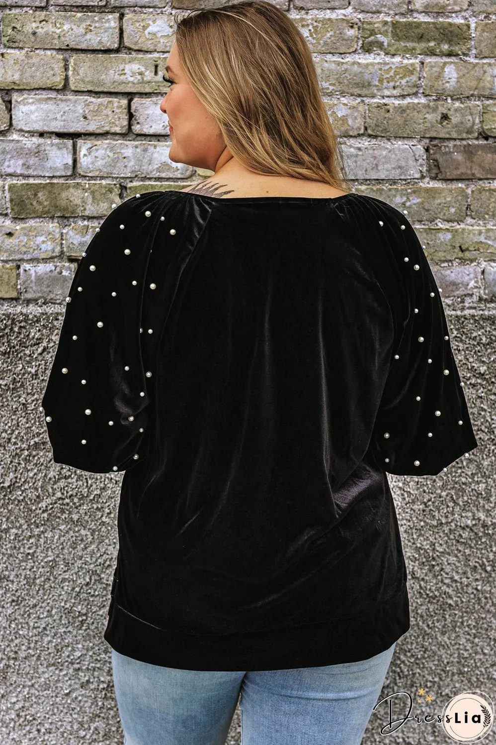 Black Pearl Embellished Puff Sleeve Velvet Plus Size Top