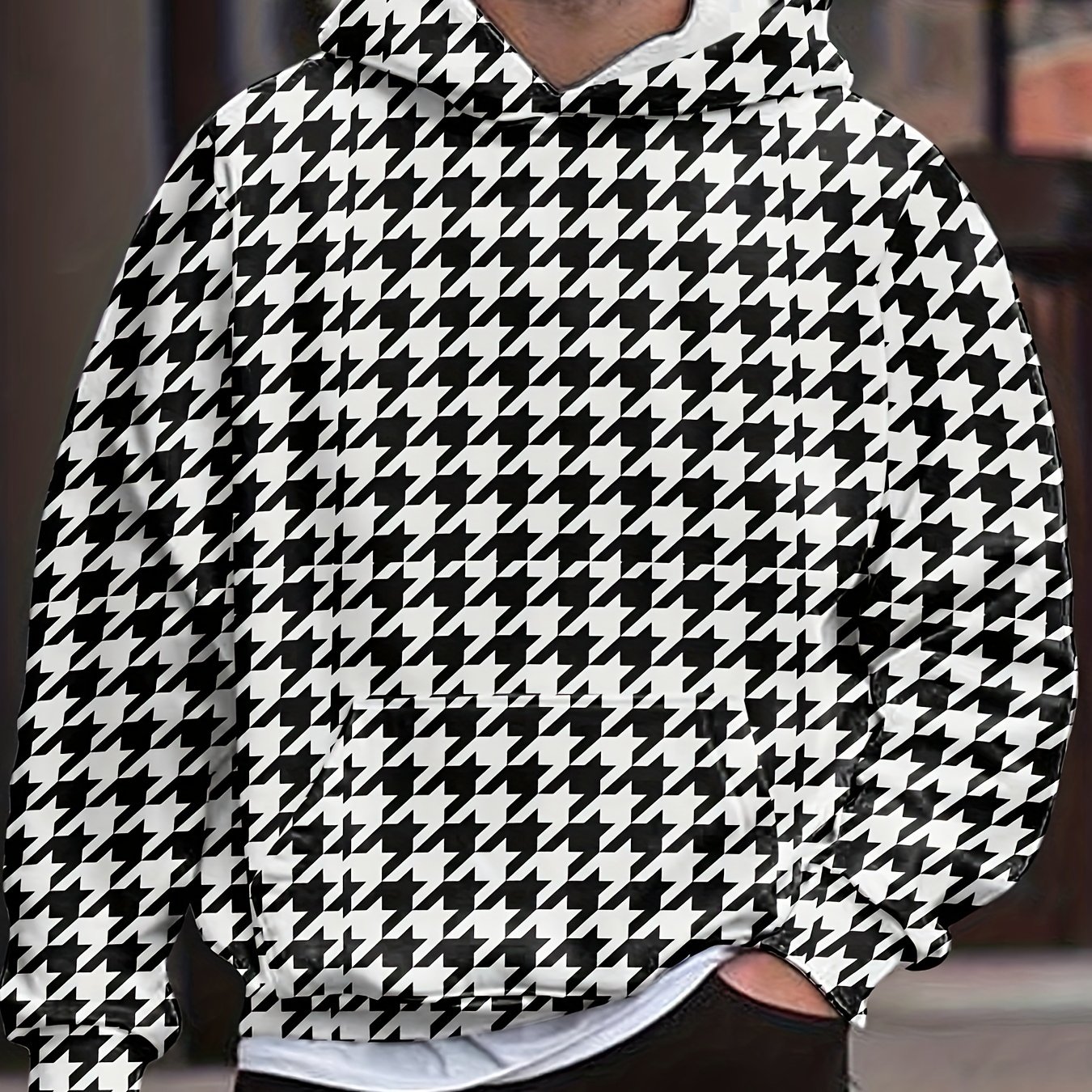 Houndstooth Print Men's Trendy Long Sleeve Casual Sports Hoodies Sweatshirt, For Outdoor Sports In Autumn And Spring