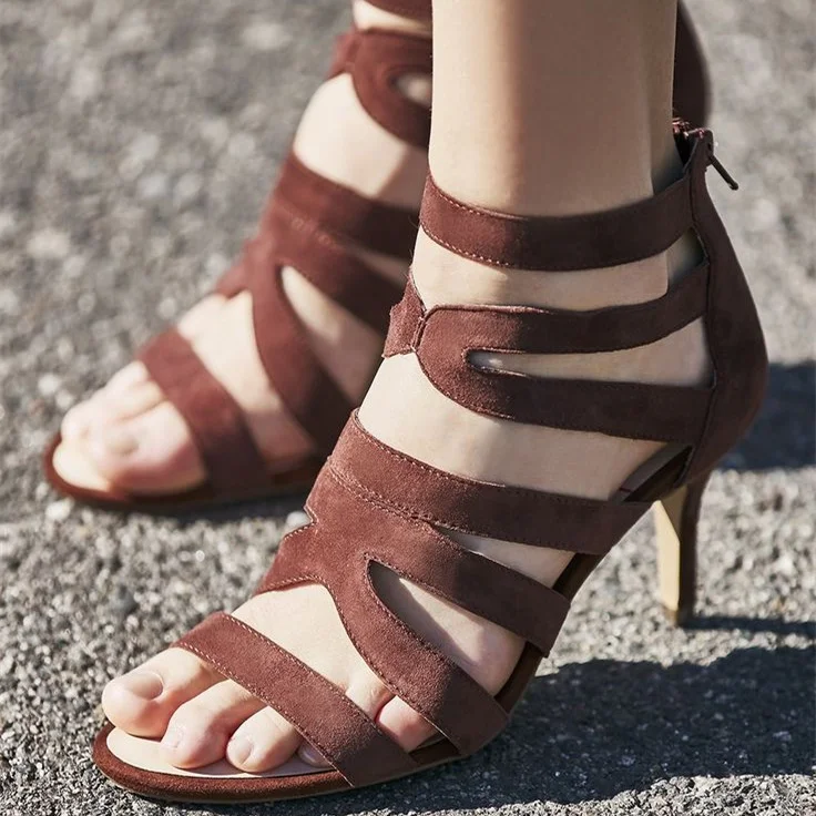 Tan Heels Open Toe Ankle Strap Stiletto Heels Sandals for Women |FSJ Shoes