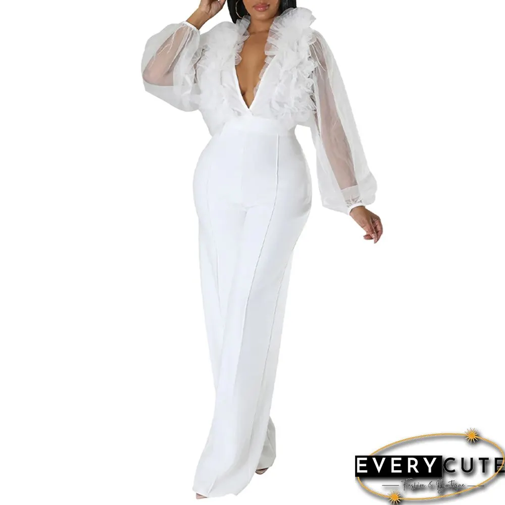 White Mesh Puff Sleeve Deep V Neck Sexy Jumpsuit