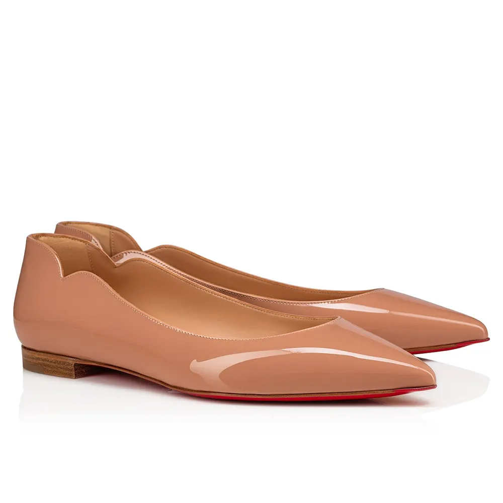 Women's Red Bottom Flat Shoes Pointed Toe Solid Color Patent Leather V-shaped Notches Shoes-vocosishoes