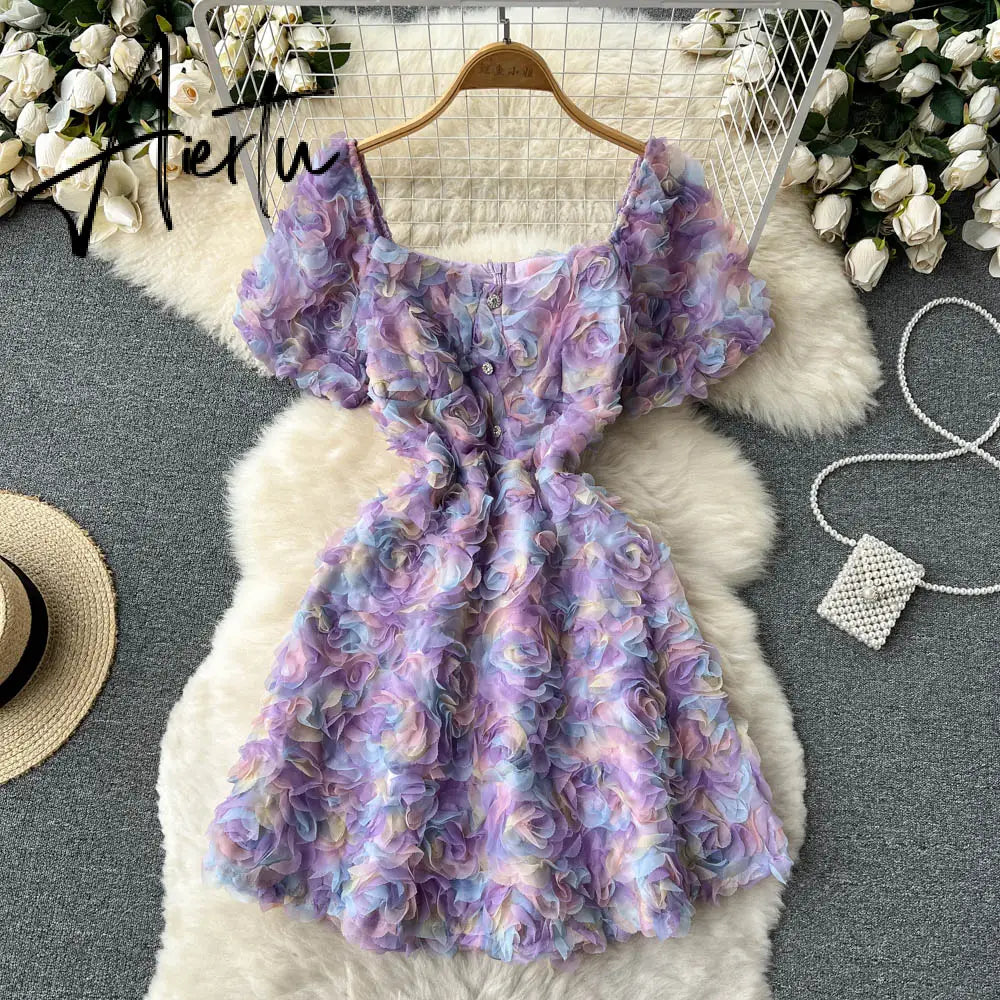 Sweet 3d Floral Short Sleeve Dress For Women Summer Streetwear Square Neck Mini Dress Lady Cute Floral Party Holiday Aiertu