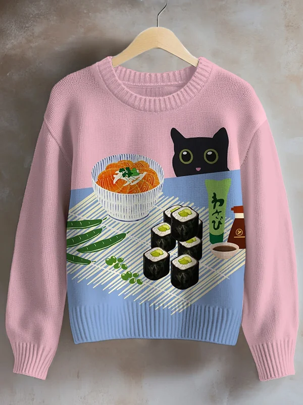 Women's Black Cat And Sushi Art Print Knit Sweatshirt