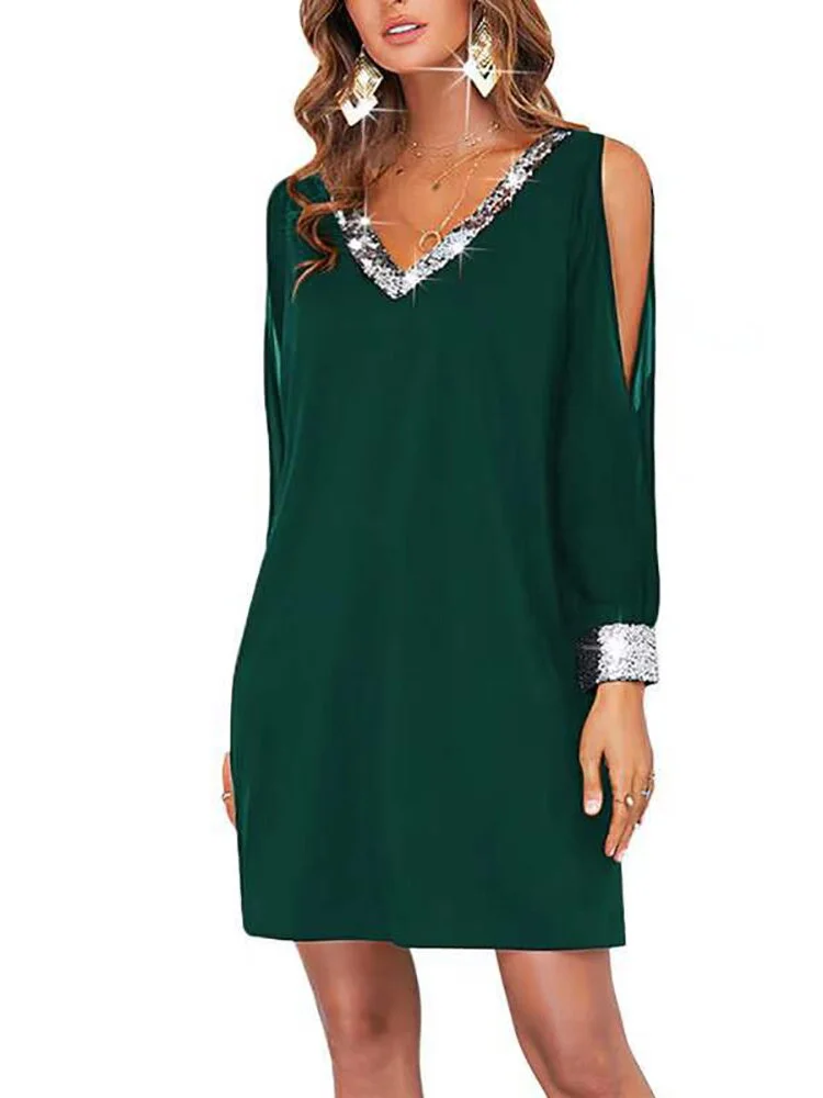 Elegant Sequined V Neck Women Solid Color Party Dress Sexy Hollow Out Long Sleeve Loose Mini Dress Female Casual Dresses S-3XL