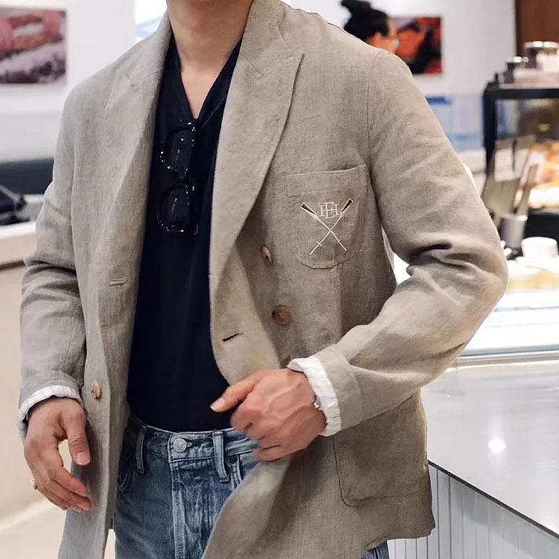 Men's Natural Cotton And Linen Light Khaki Double Row Blazer