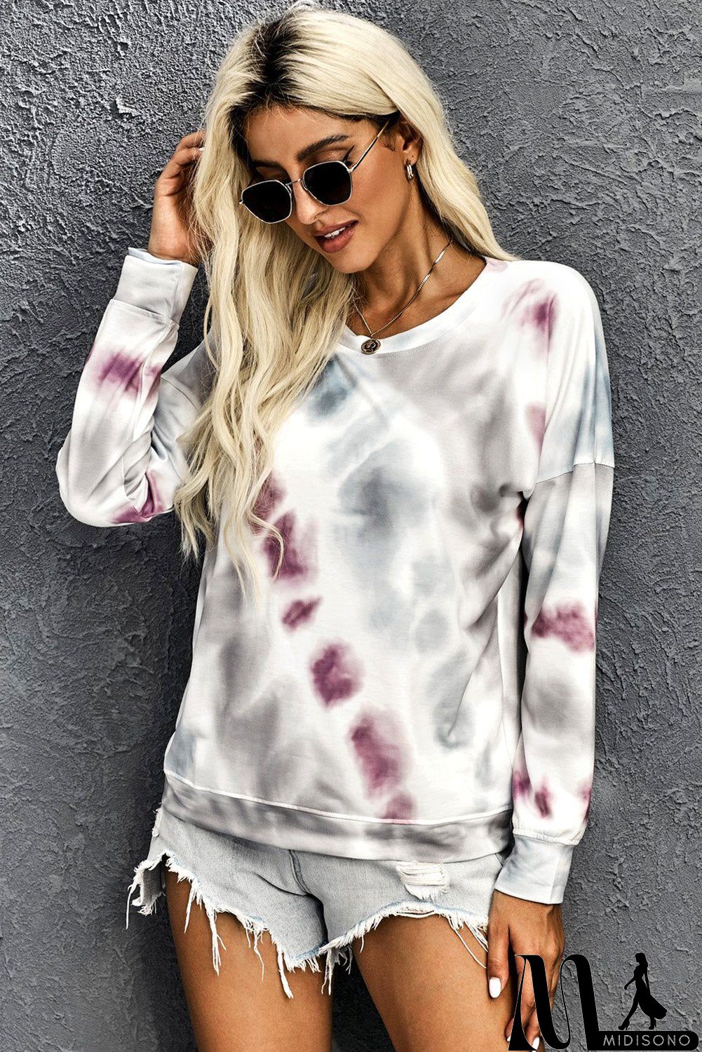 MidiSono - Women Gray Casual Tie-dye Round Neck Sweatshirt
