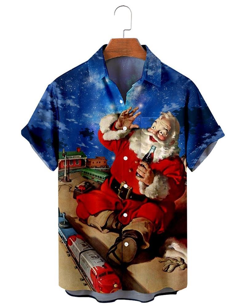 Men's Casual Fun Santa Print Shirt